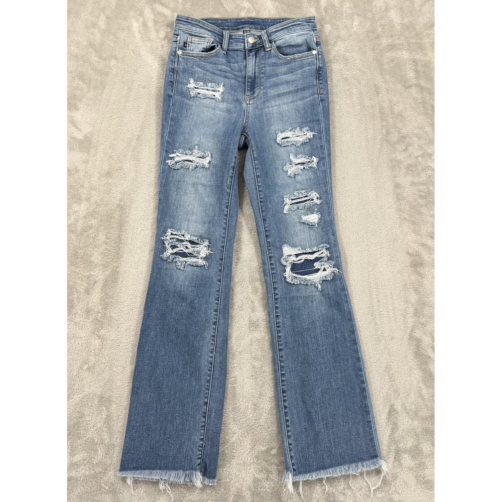 Judy Blue Jeans Womens 3/26‎ Blue Bootcut Distressed Raw Hem Fringe Stretch